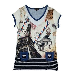 Christine Phillipe L Paris Travel Print Top Rhinestone Embellished Short Sleeve